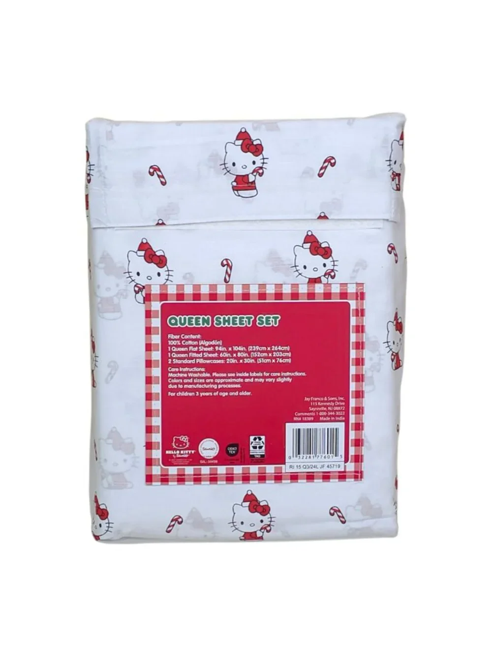 Hello Kitty & Friends Queen Sheet Set 100% Cotton Holiday Candy Canes Christmas